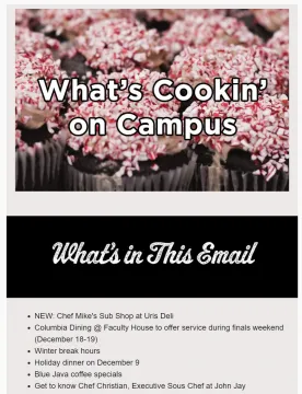 What's Cooking on Campus over a photo of chocolate cupcakes with candy cane crumble.