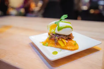 Arepa waffle with braised short rib & poached egg