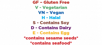 GF - Gluten Free, V - Vegetarian, VN - Vegan, H - Halal, S - Contains Soy, D - Contains Dairy, E - Contains Egg, *contains sesame seeds*, *contains seafood*