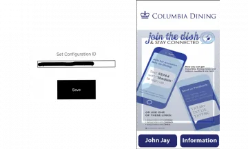 Screenshots show the Configuration ID field and the Columbia Dining app home screen