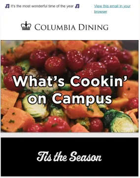 A snip of the December e-newsletter, showing a picture of brussels sprouts, squash, and tomatoes