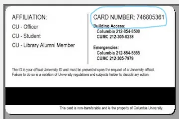 The back of a Columbia ID card showing where the card number is found.