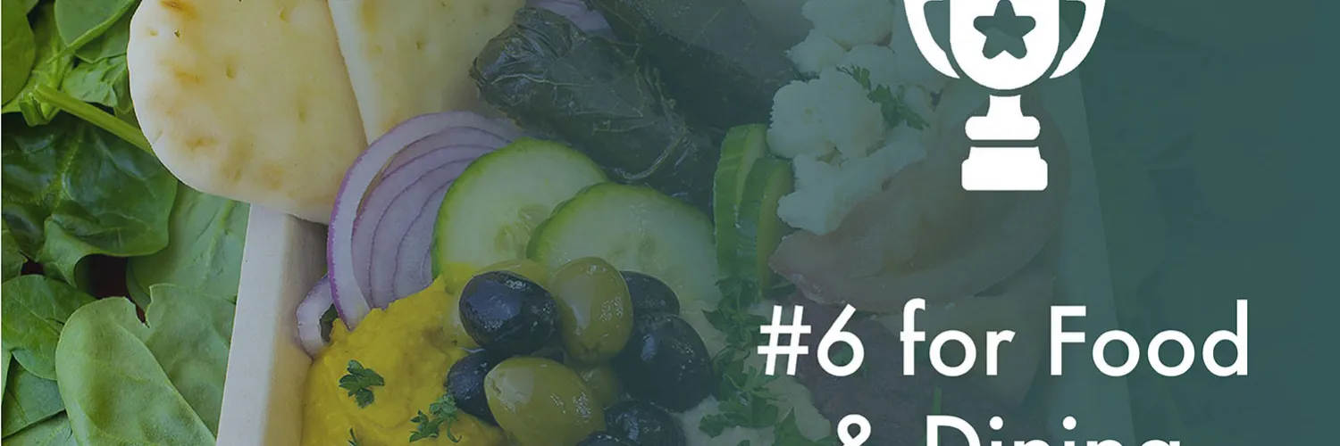 An icon of a trophy above text: #6 for Food & Dining / AASHE 2021 Sustainability Campus Index